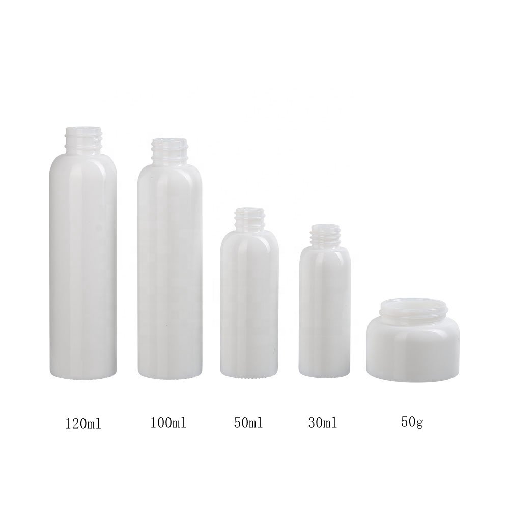 round opal glass bottles 30ml 50ml 100ml 120ml cosmetic bottle with bamboo lotion pump and 50g face cream jar with bamboo lid