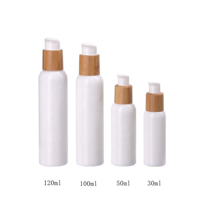 round opal glass bottles 30ml 50ml 100ml 120ml cosmetic bottle with bamboo lotion pump and 50g face cream jar with bamboo lid