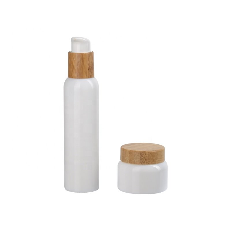 round opal glass bottles 30ml 50ml 100ml 120ml cosmetic bottle with bamboo lotion pump and 50g face cream jar with bamboo lid