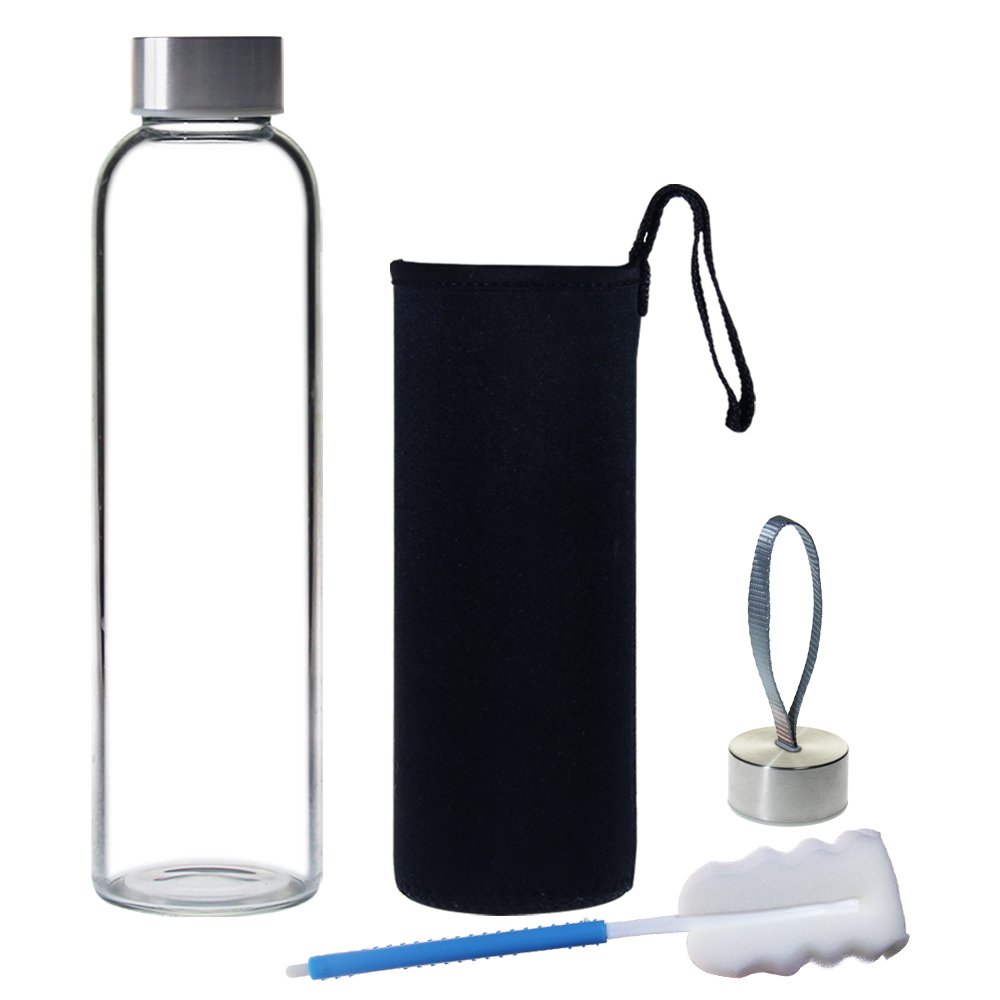 Custom 300ml 550ml 18oz portable reusable clear glass drinking water bottle with metal lid