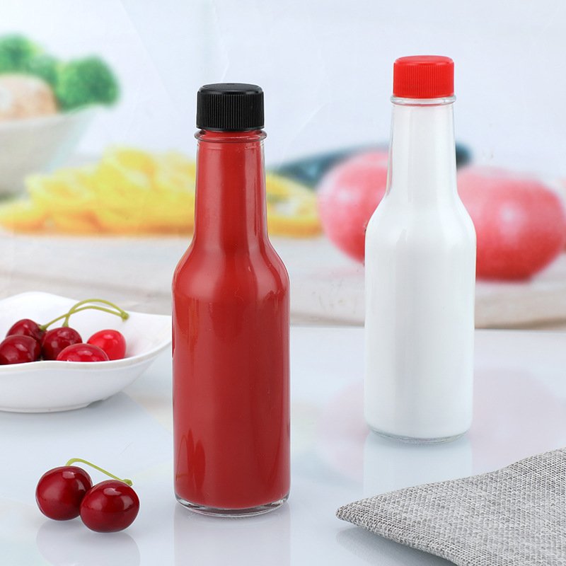 Promotion price transparent glass Tabasco bottle 150ml hot sauce fog glass bottle with leak proof nut and black lid