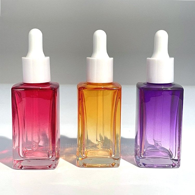 High-end 30ml 1oz square clear white black red color empty cosmetic packaging serum thick bottom glass dropper bottle