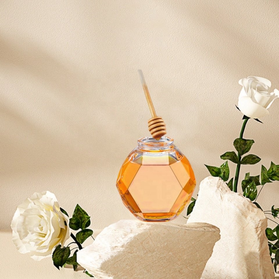Thickened Bamboo Lid Hexagonal Transparent Honey Glass Bottle Separate Bottle With Stirring Stick