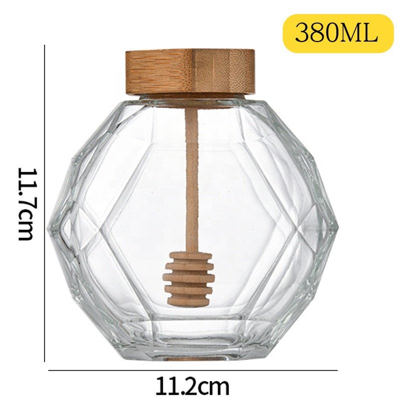 Thickened Bamboo Lid Hexagonal Transparent Honey Glass Bottle Separate Bottle With Stirring Stick