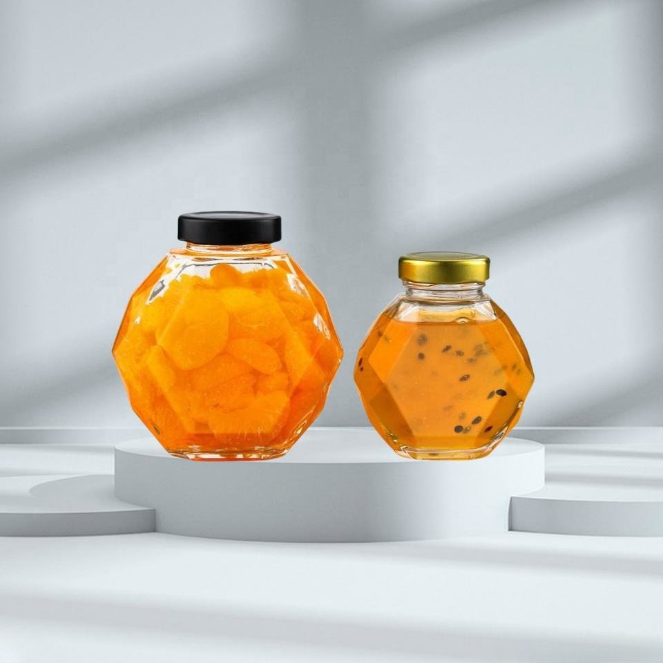 Thickened Bamboo Lid Hexagonal Transparent Honey Glass Bottle Separate Bottle With Stirring Stick