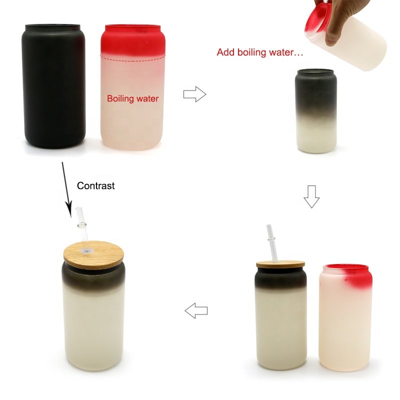 Sublimation Blanks 16oz Frosted Glass Soda Can Color Changing Glass Bottle with Cold and Hot Water Change Color Mugs