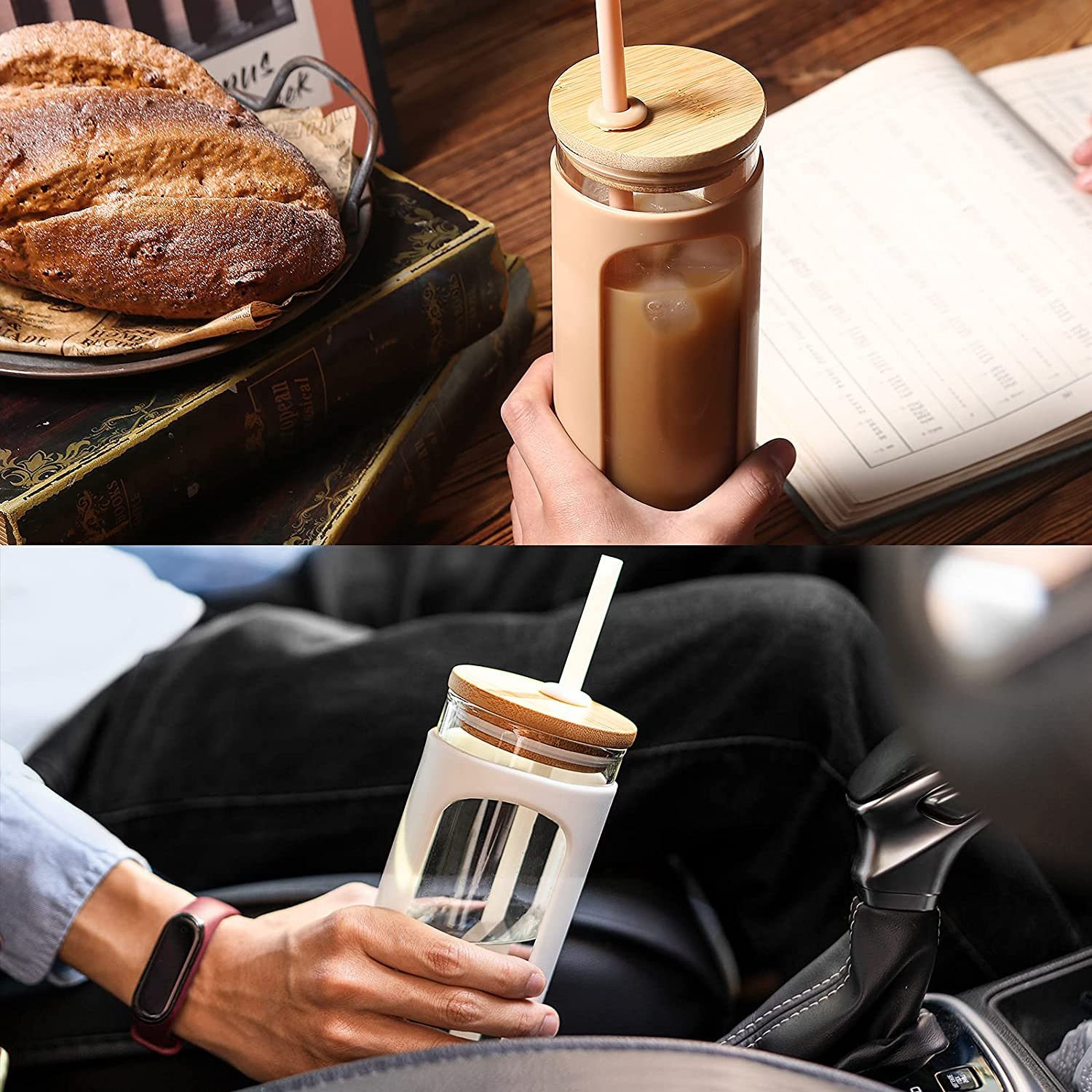 17 Oz Double Wall Bamboo Tea Tumbler Glass Water Bottle with Infuser and Straw Bamboo Lid