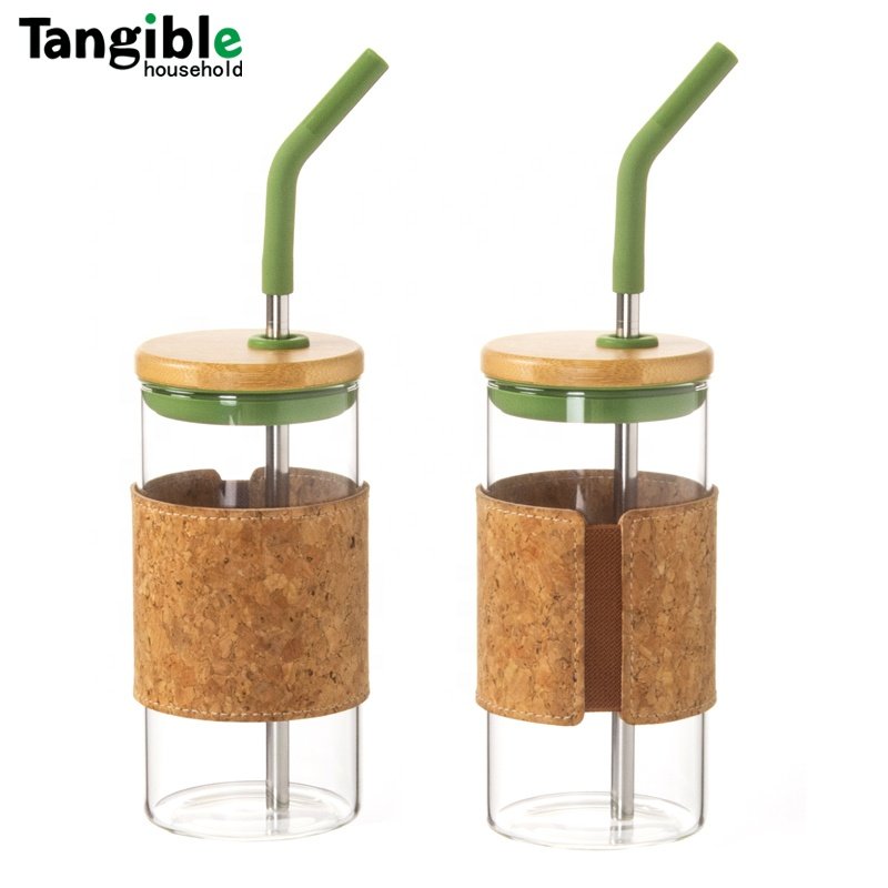 Silicone Sleeve Bamboo Lid glass Cup with Straw for Coffee Reusable Water Bottles Glass Tumbler