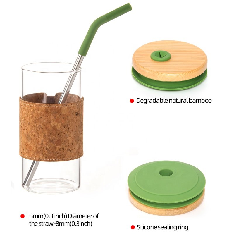 Silicone Sleeve Bamboo Lid glass Cup with Straw for Coffee Reusable Water Bottles Glass Tumbler