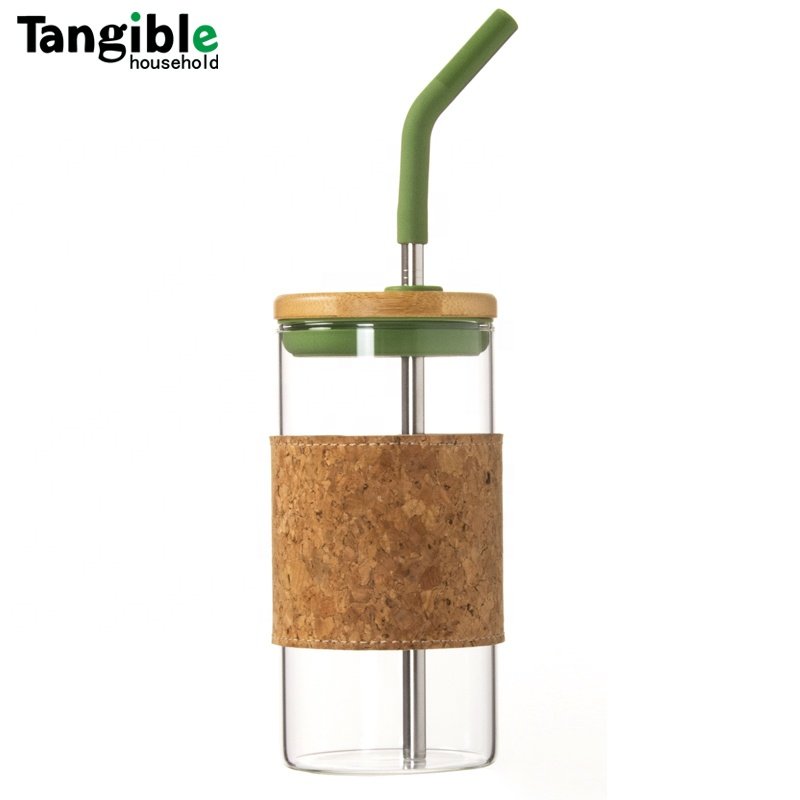 Silicone Sleeve Bamboo Lid glass Cup with Straw for Coffee Reusable Water Bottles Glass Tumbler
