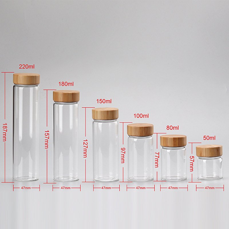 Wholesale 5ml to 200ml Bamboo Lid Storage Packaging Beverage Glass Bottle Jar Bamboo Screw Cap