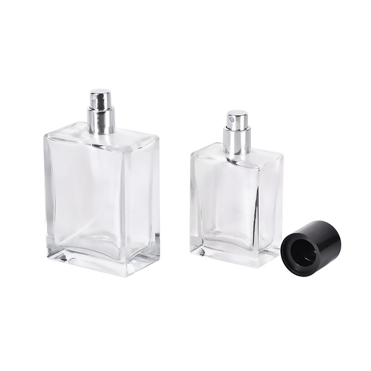 Wholesale Square Glass Perfume Bottle Flat 50ml 100ml Clear Perfume Bottle With Spray Lid