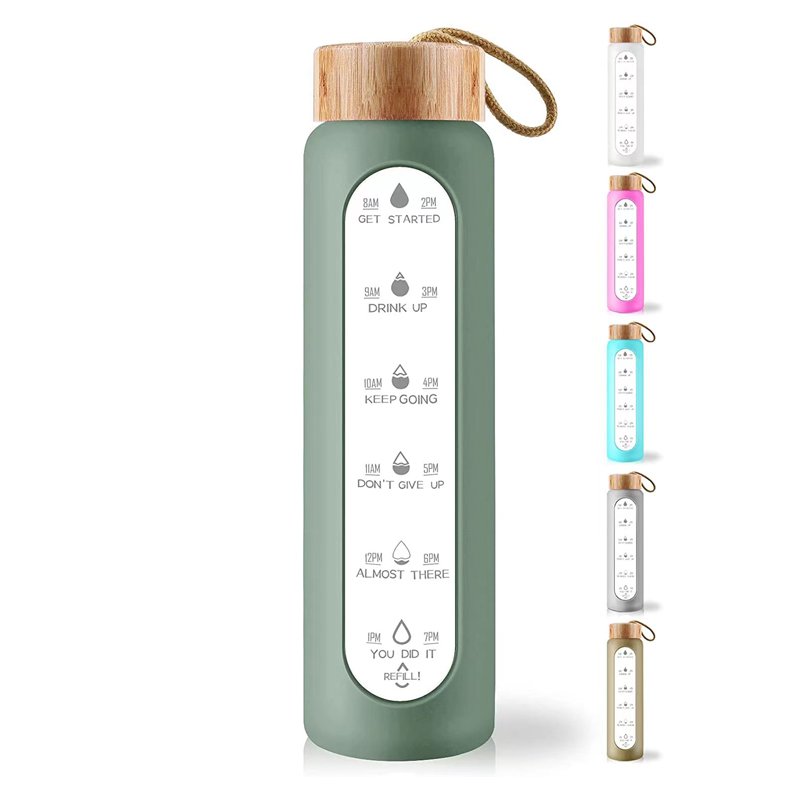 32oz Borosilicate Glass Water Bottles with Time Marker Motivational Glass Water Bottle with Silicone Sleeve and Bamboo Lid