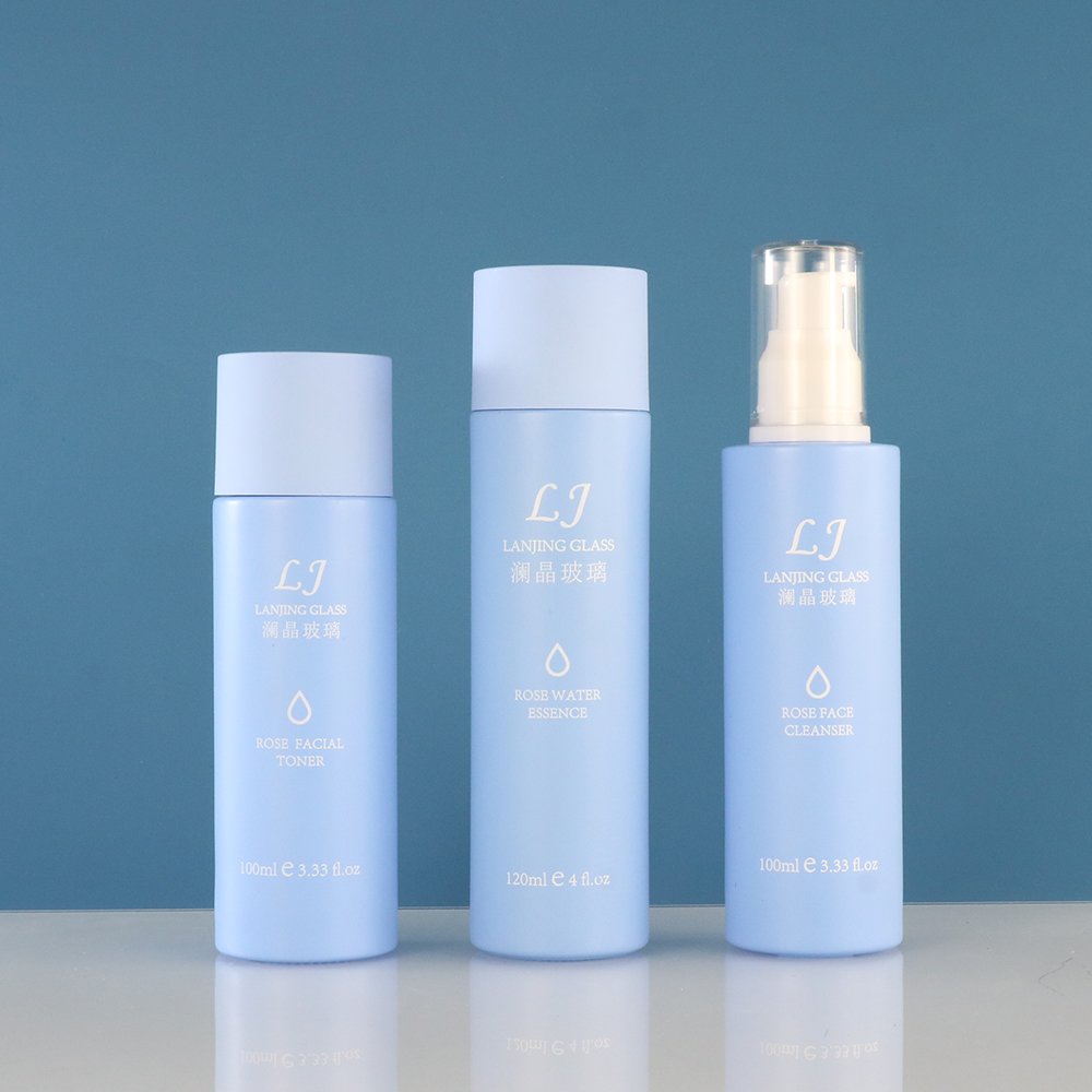 30ml 50ml 100ml 120ml Luxury matte frosted blue cosmetic pump spray packaging glass dropper serum bottle set