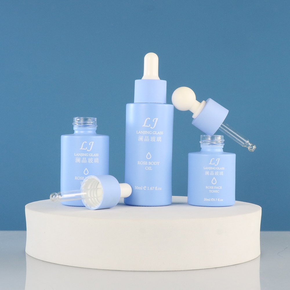 30ml 50ml 100ml 120ml Luxury matte frosted blue cosmetic pump spray packaging glass dropper serum bottle set