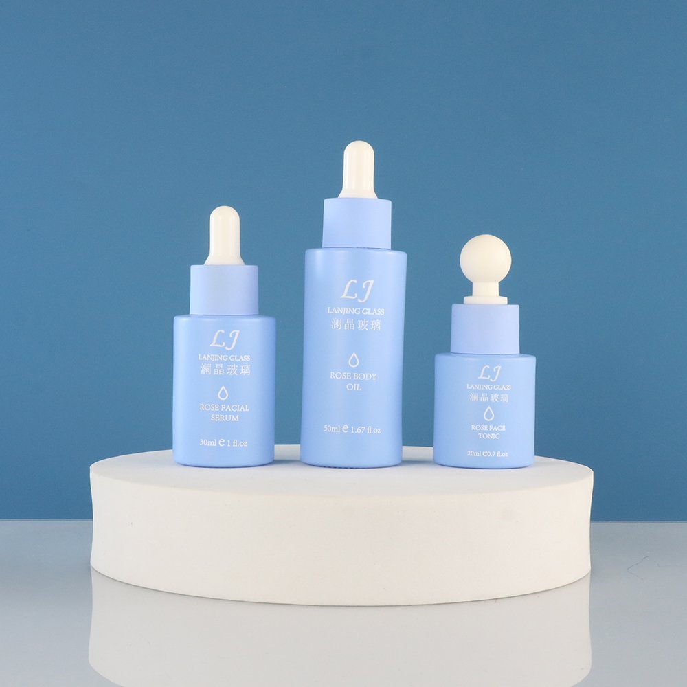 30ml 50ml 100ml 120ml Luxury matte frosted blue cosmetic pump spray packaging glass dropper serum bottle set