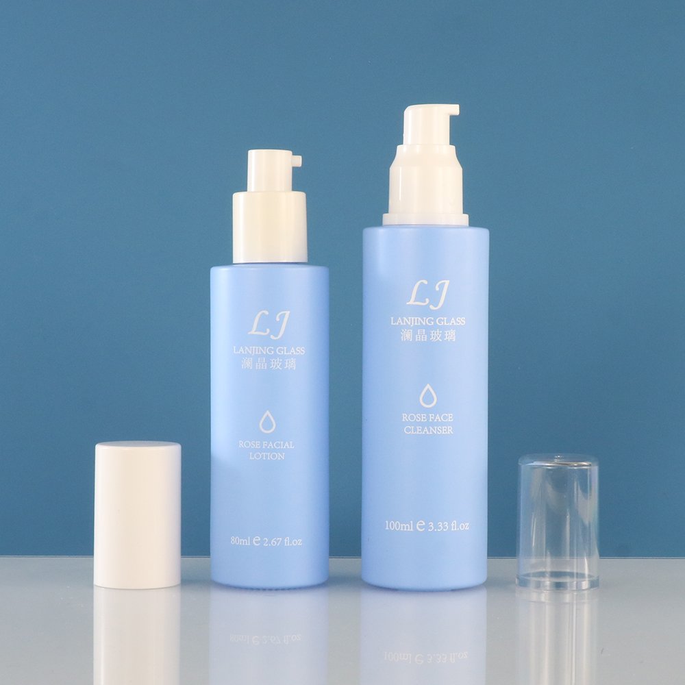 30ml 50ml 100ml 120ml Luxury matte frosted blue cosmetic pump spray packaging glass dropper serum bottle set