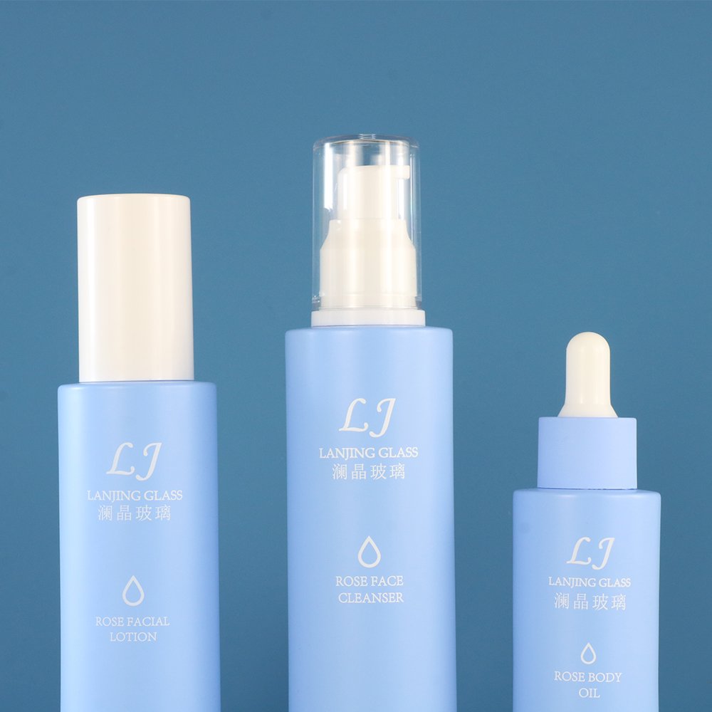 30ml 50ml 100ml 120ml Luxury matte frosted blue cosmetic pump spray packaging glass dropper serum bottle set