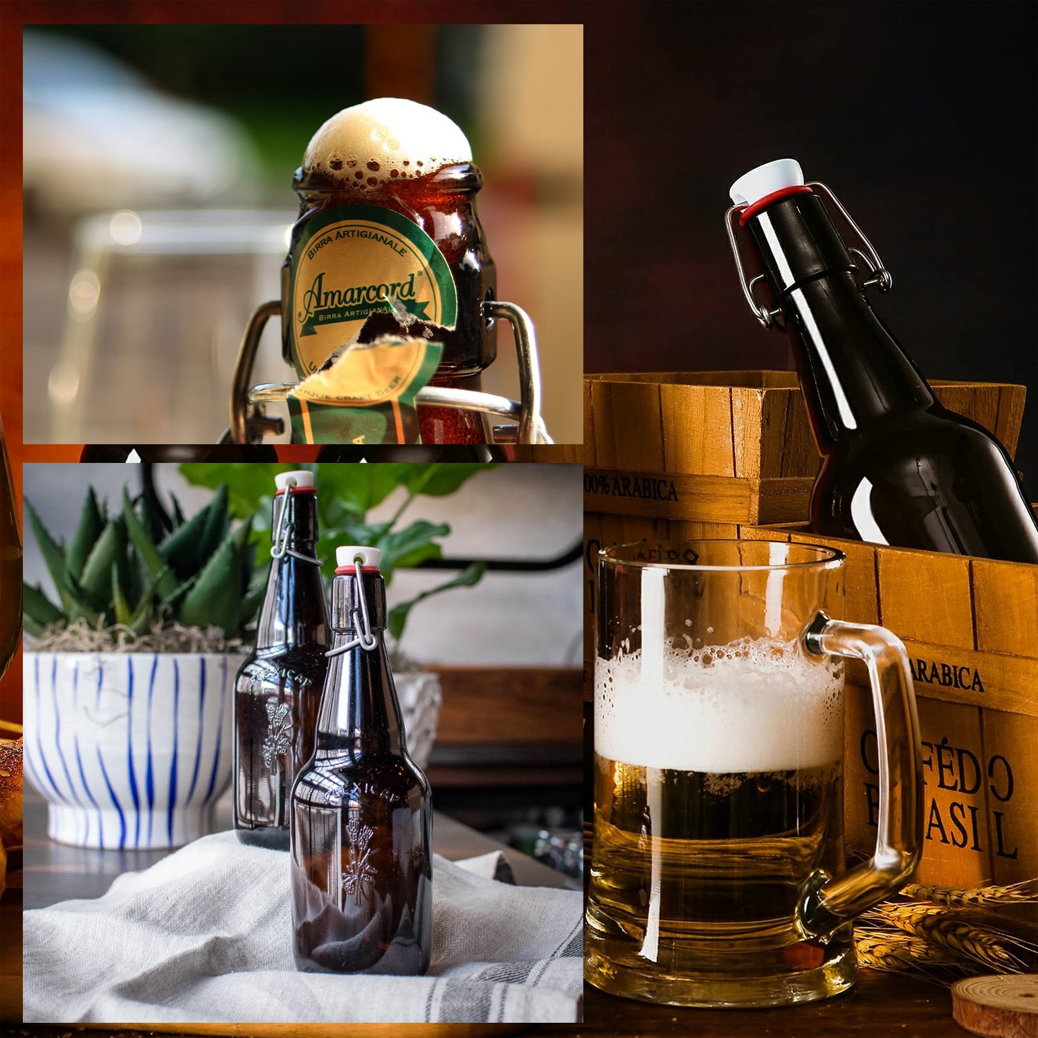 Hot sale 330ml 750ml Unique Shape Amber Brown Color Glass Bottles For Beer With Swing Top Lids