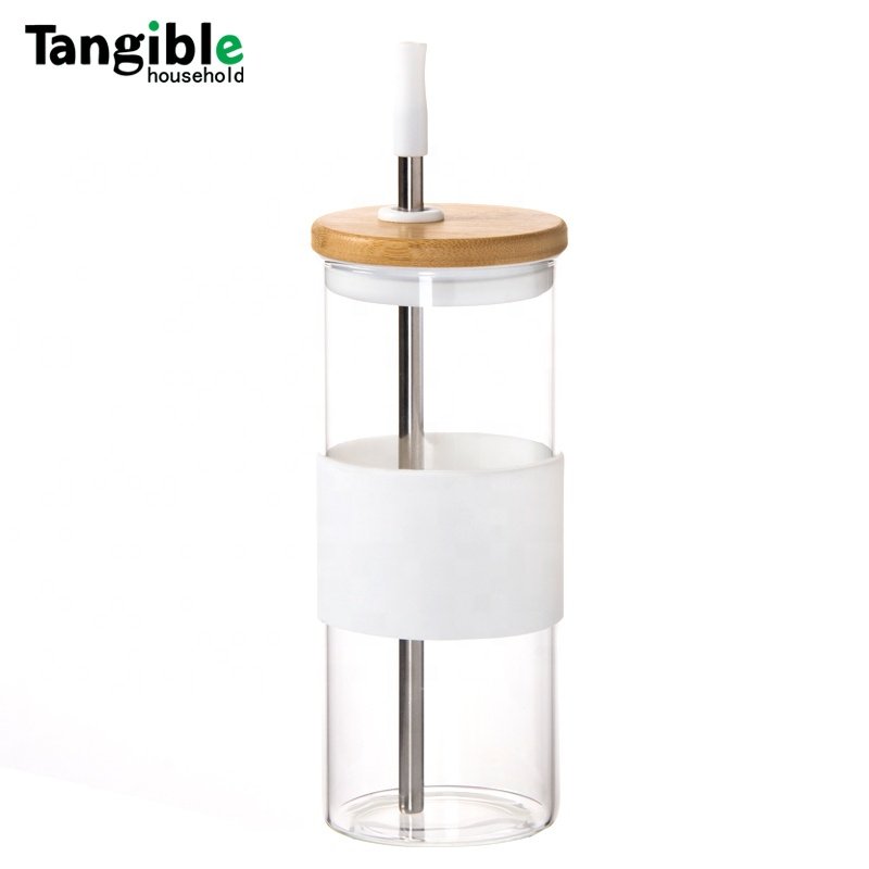 2023 hot selling Eco-friendly Reusable glass tumbler Glass Boba Tea Cup With Stainless Steel Straw and bamboo lid