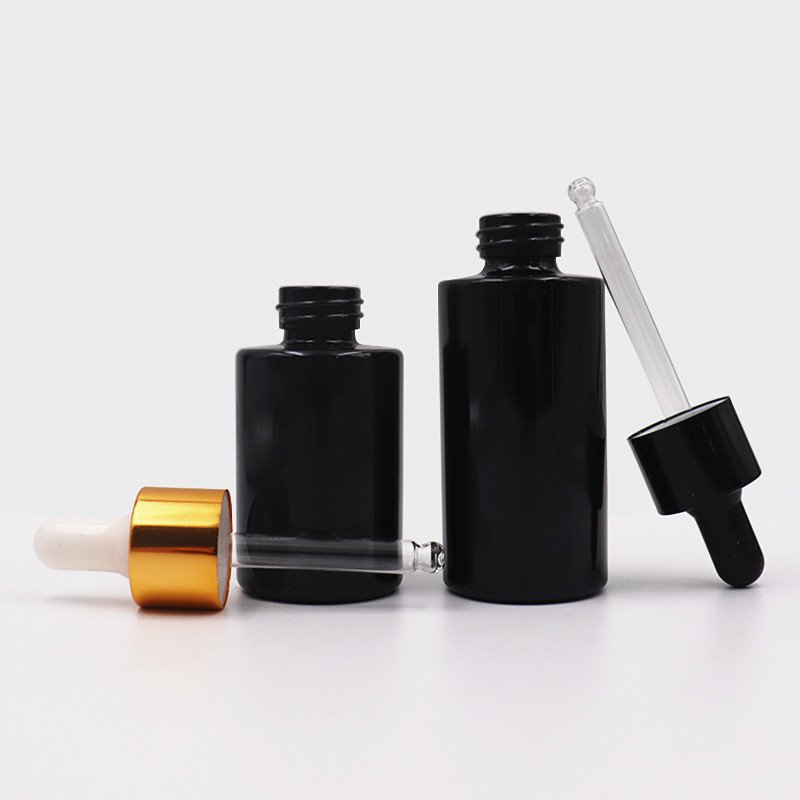 Hot sell OEM 20ml 30ml 40ml 60ml black glass dropper bottle skin care dropper bottle with box packaging
