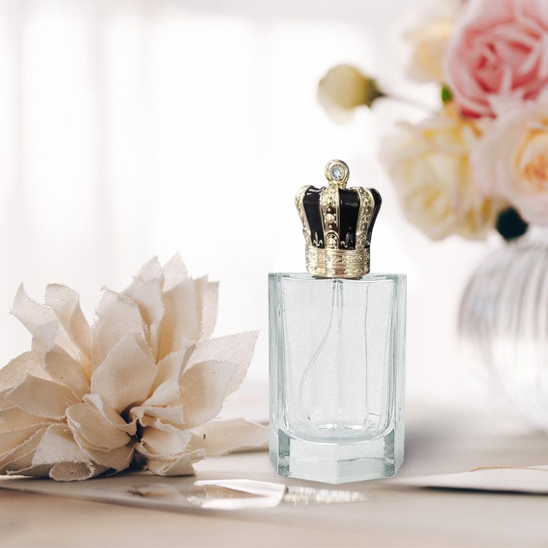 Hexagonal prism shape Luxury Glass Perfume Bottle with crown shape cap