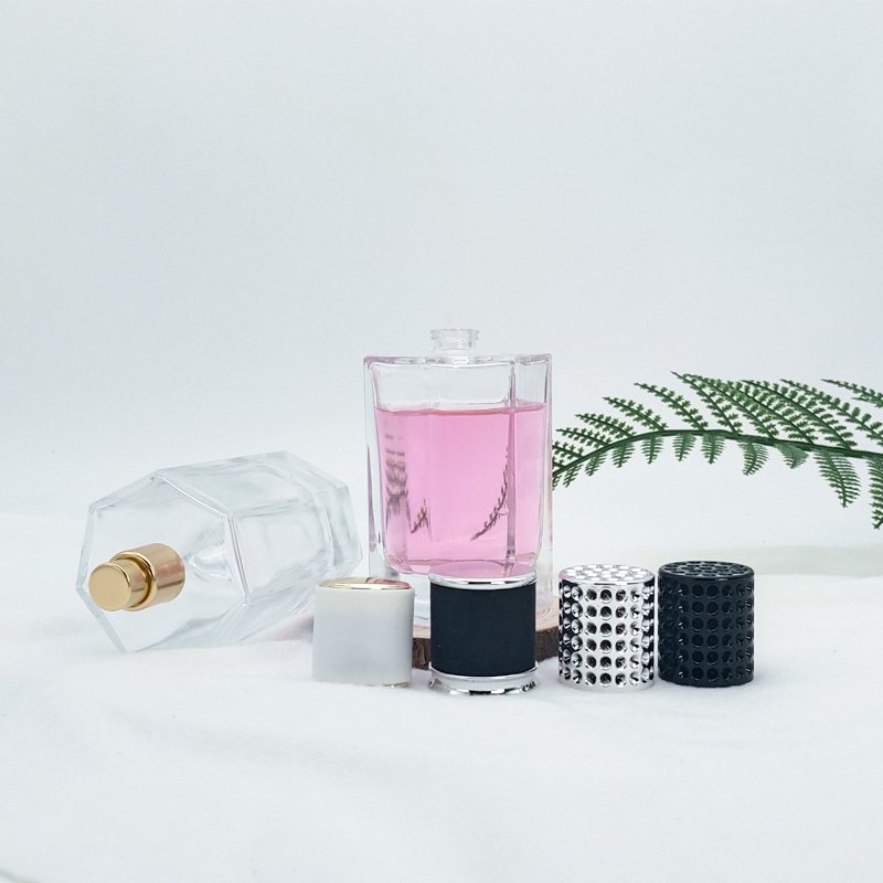 Hexagonal prism shape Luxury Glass Perfume Bottle with crown shape cap