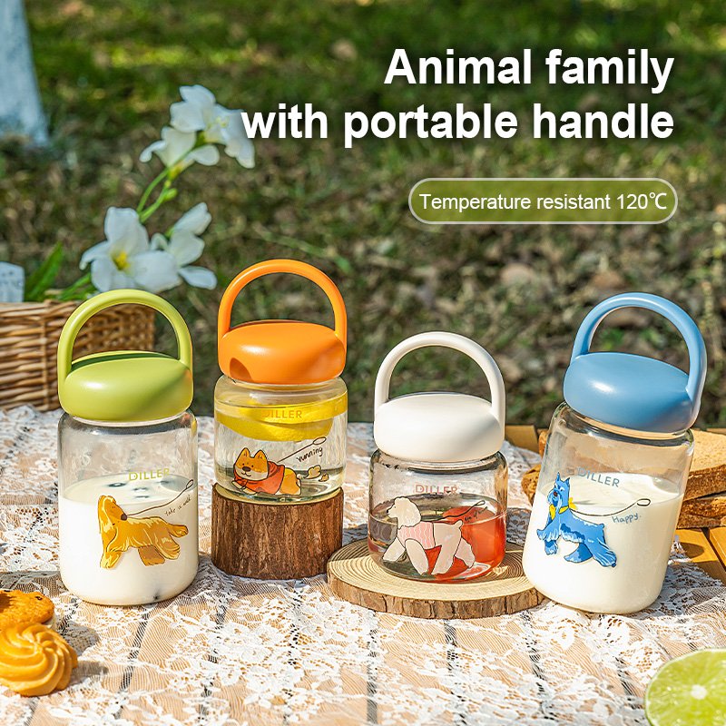 Hot sale safe and reliable cute cartoon pattern wide mouth durable borosilicate glass water bottle home outdoor