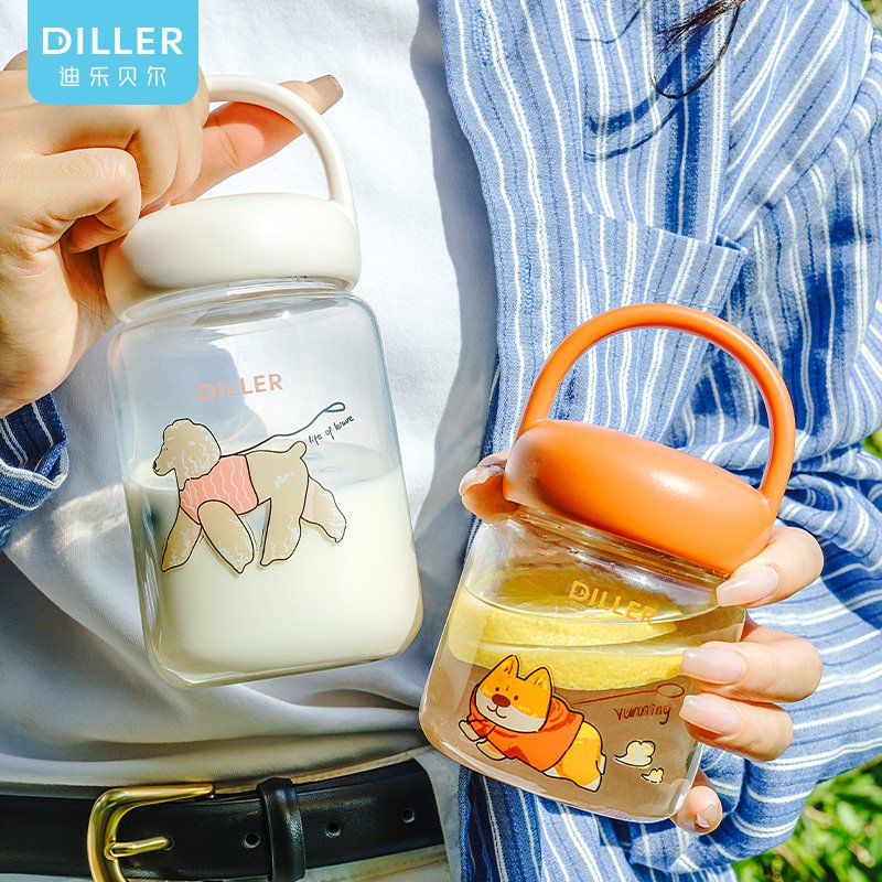Hot sale safe and reliable cute cartoon pattern wide mouth durable borosilicate glass water bottle home outdoor