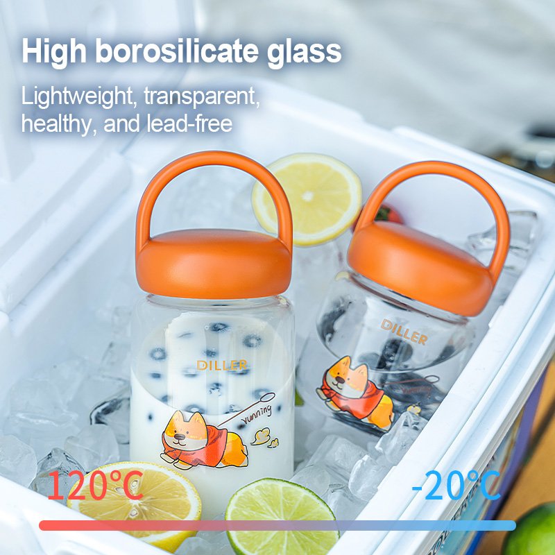 Hot sale safe and reliable cute cartoon pattern wide mouth durable borosilicate glass water bottle home outdoor