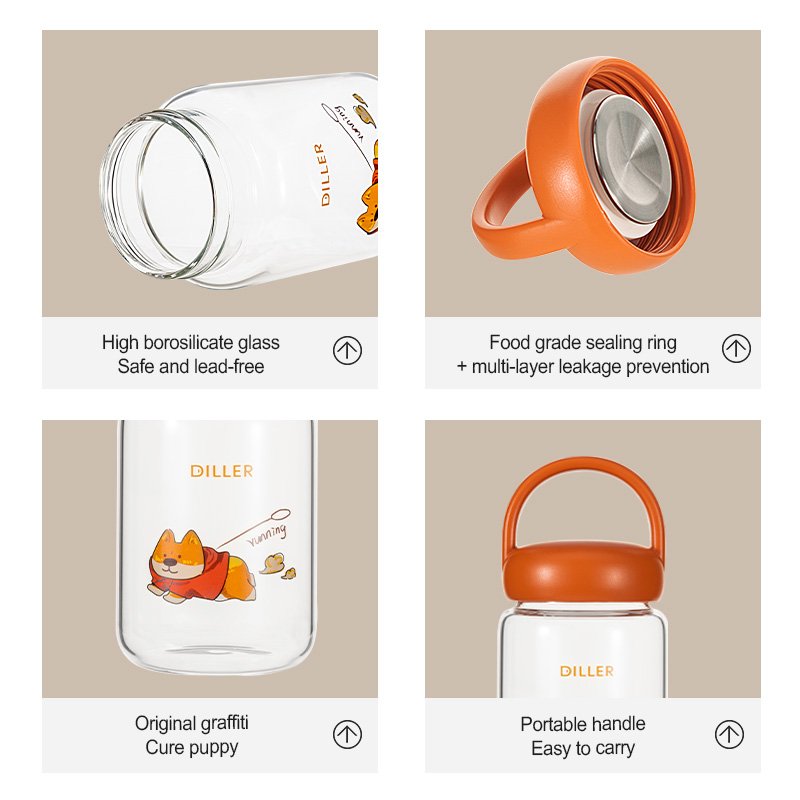 Hot sale safe and reliable cute cartoon pattern wide mouth durable borosilicate glass water bottle home outdoor