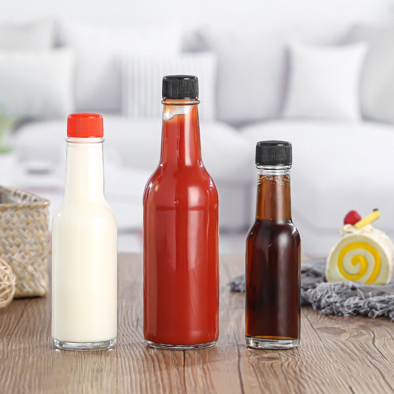 High quality 5oz chilli sauce glass bottle clear bottle for ketchup with black plastic lid wholesale