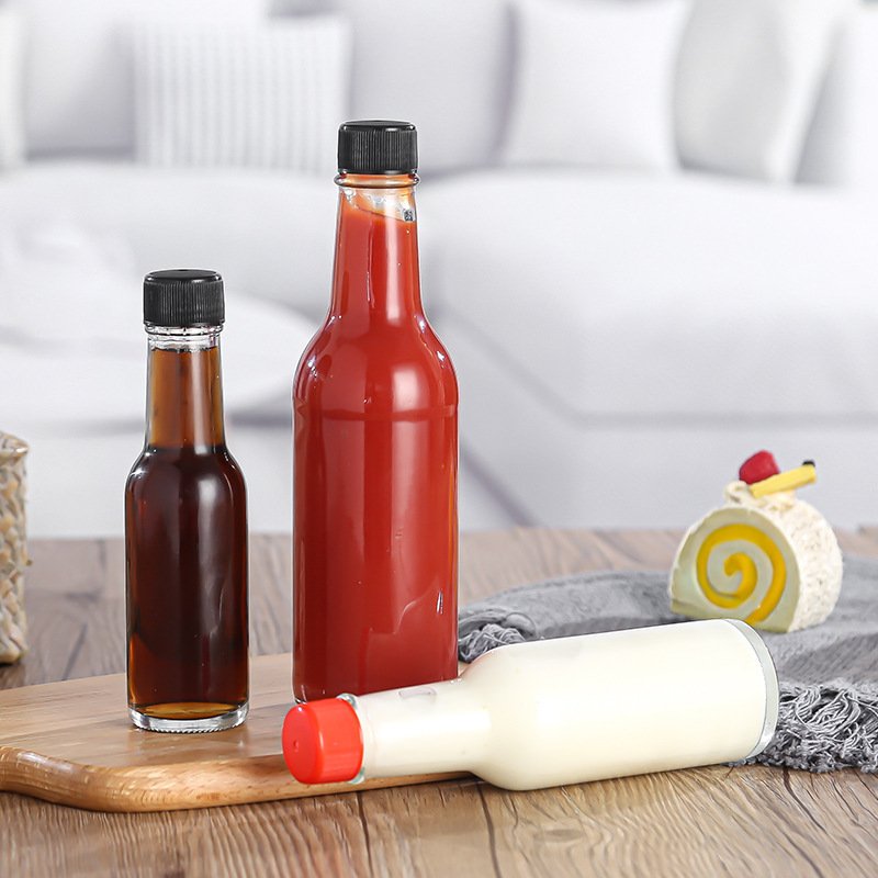 High quality 5oz chilli sauce glass bottle clear bottle for ketchup with black plastic lid wholesale