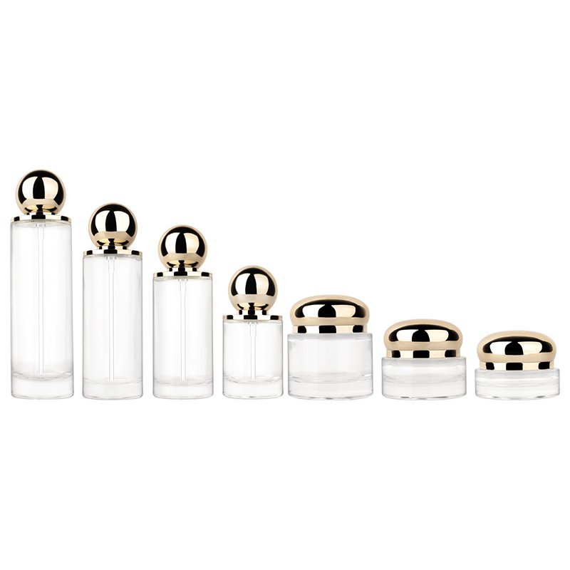 Ball shape glass cosmetic container 30ml/60ml/100ml/120ml/ pump lotion Essential Oil Glass jar with gold lid Glass bottle set