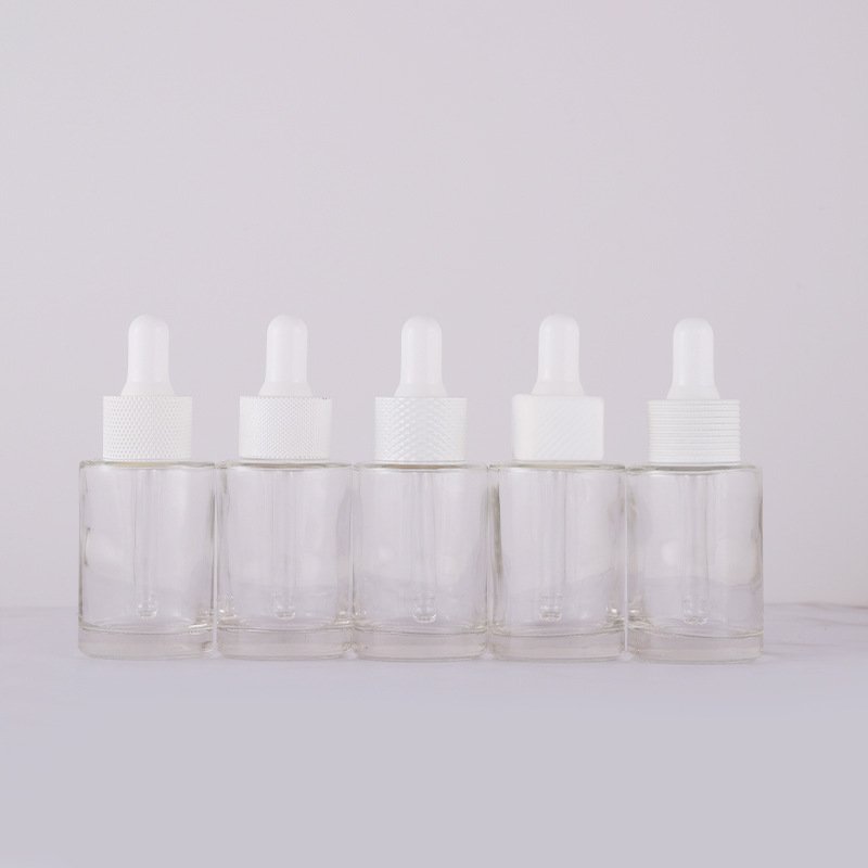 hot sale customized 30ml transparent frosted lotion cylinder essential oil dropper glass bottle with lid