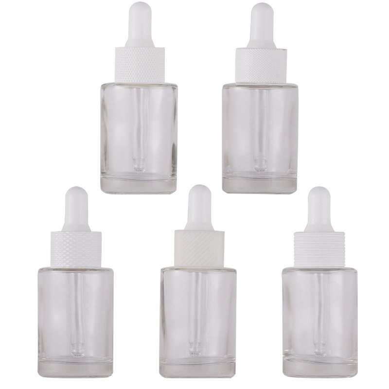 hot sale customized 30ml transparent frosted lotion cylinder essential oil dropper glass bottle with lid