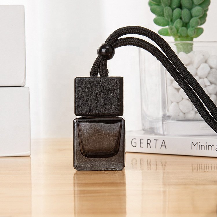 6ml Square shaped Hanging Car Perfume Bottle Aroma Bottles Glass Car Perfume Bottle With Wooden Lip