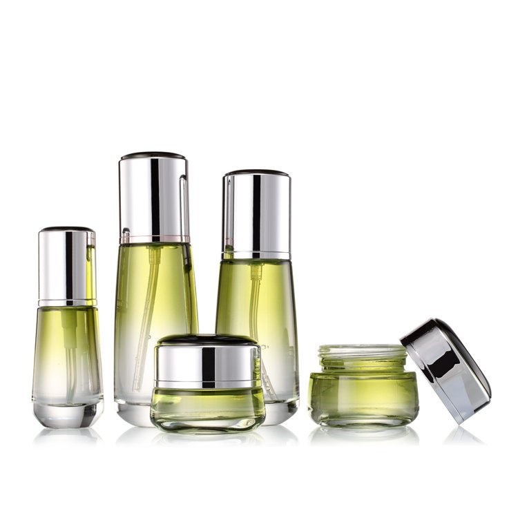 Top quality luxury cosmetic glass bottle set custom empty toner lotion pump bottle and face cream jar for skincare