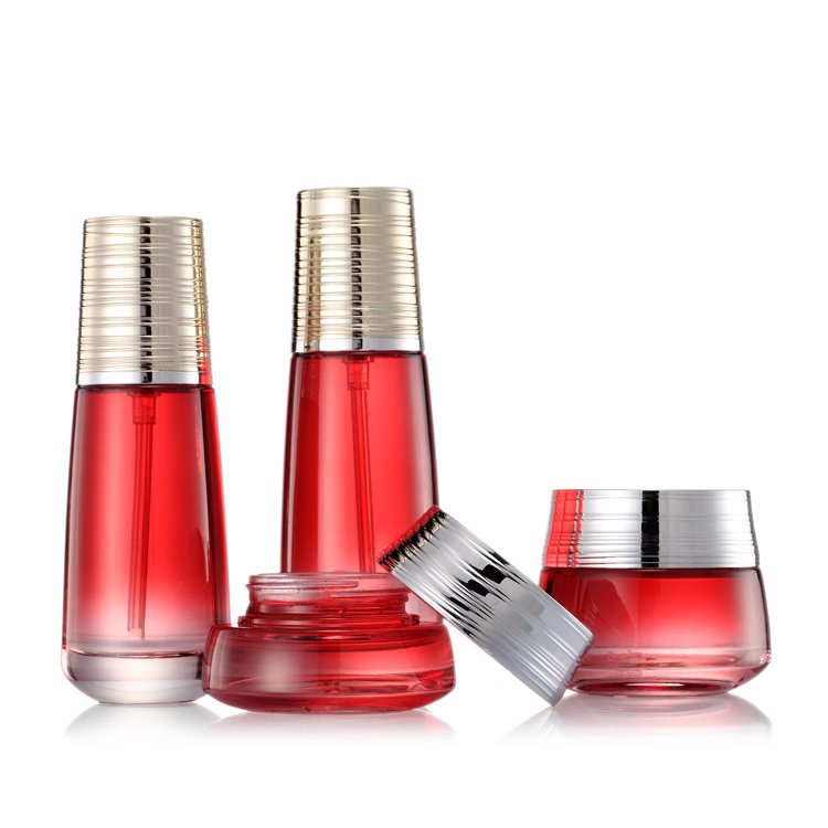 Top quality luxury cosmetic glass bottle set custom empty toner lotion pump bottle and face cream jar for skincare