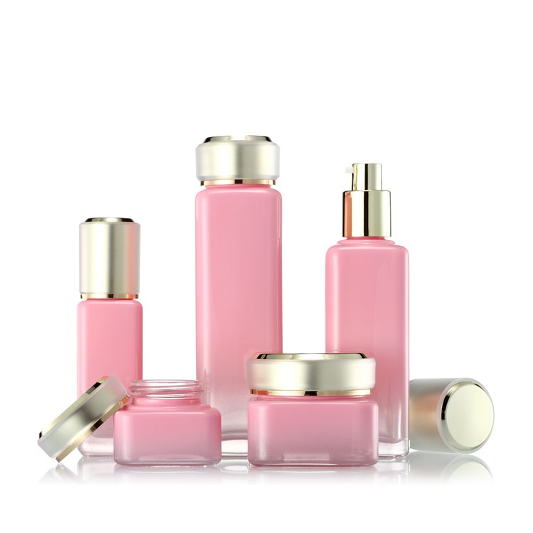 Top quality luxury cosmetic glass bottle set custom empty toner lotion pump bottle and face cream jar for skincare