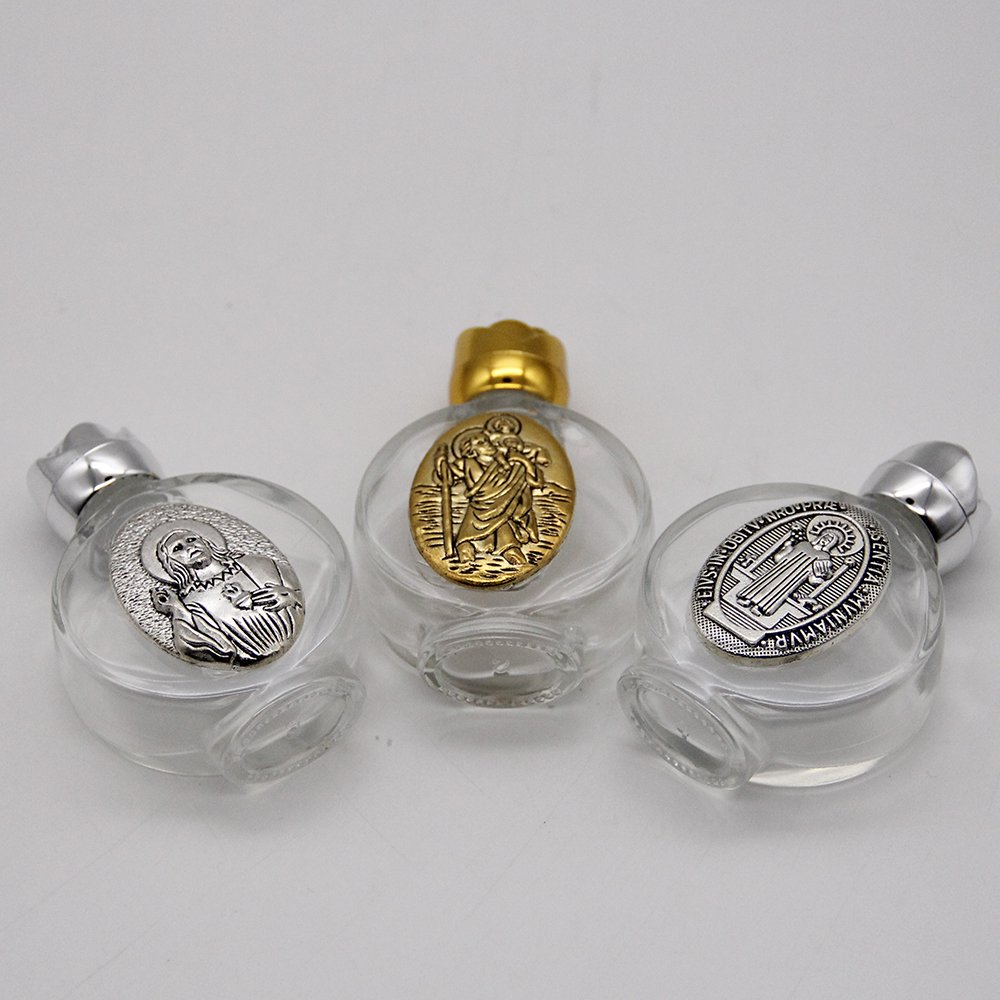 High-end Gold Silver Zinc Alloy Christian Wedding Prayer Rose lid Empty 15ml Glass Holy Water Bottles