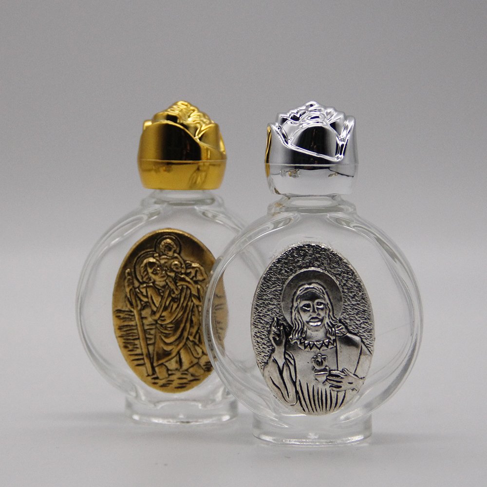 High-end Gold Silver Zinc Alloy Christian Wedding Prayer Rose lid Empty 15ml Glass Holy Water Bottles