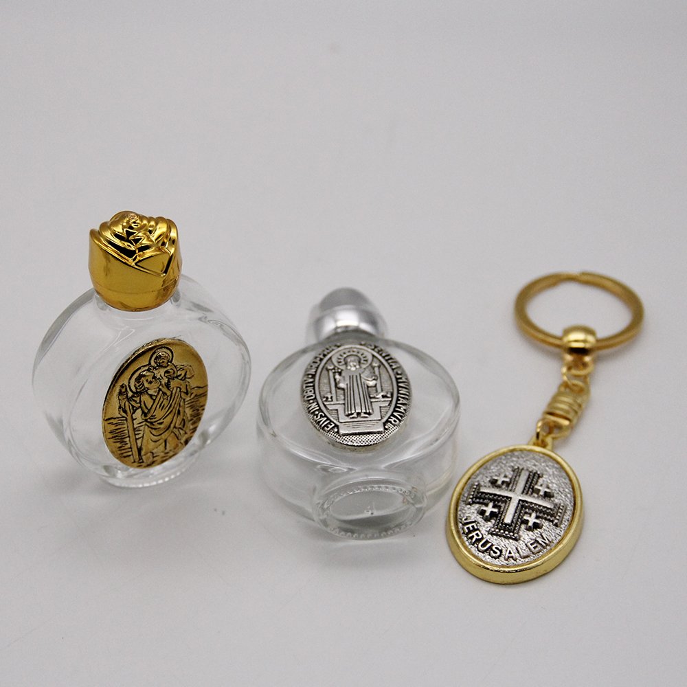 High-end Gold Silver Zinc Alloy Christian Wedding Prayer Rose lid Empty 15ml Glass Holy Water Bottles