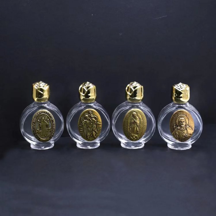 High-end Gold Silver Zinc Alloy Christian Wedding Prayer Rose lid Empty 15ml Glass Holy Water Bottles