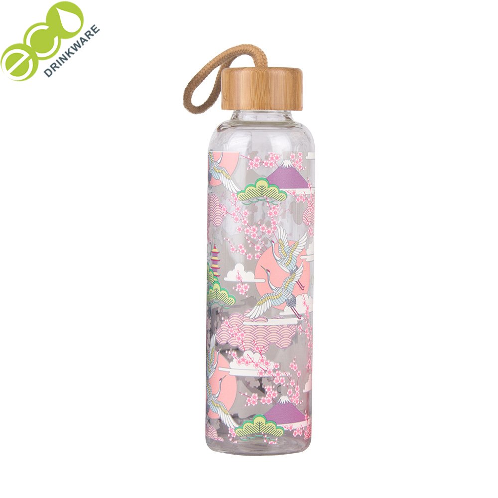 BPA Free 550ML/18.5oz single wall borosilicate glass drinking bottle with 100% natural bamboo lid