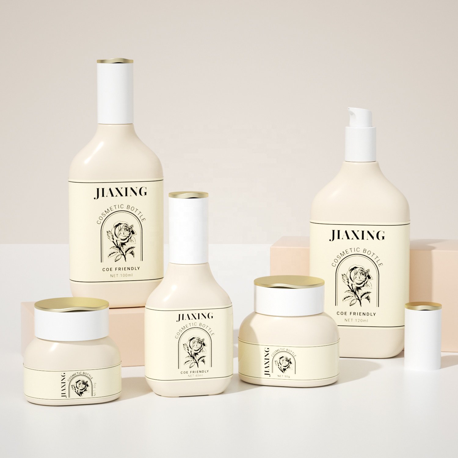 Luxury wine shape cosmetic glass bottle 40ml 100ml 120ml green glass lotion pump bottle and 30g 50g cream glass jars