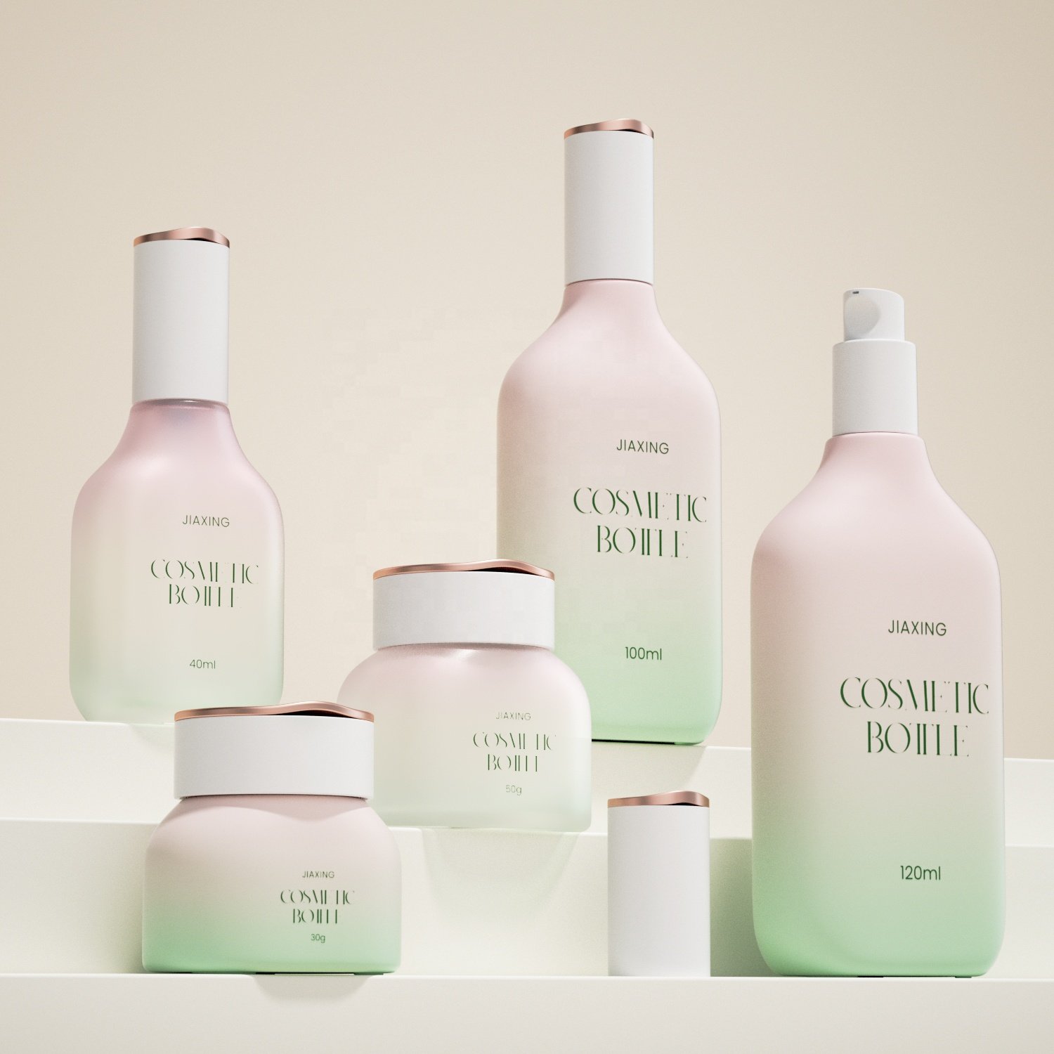 Luxury wine shape cosmetic glass bottle 40ml 100ml 120ml green glass lotion pump bottle and 30g 50g cream glass jars
