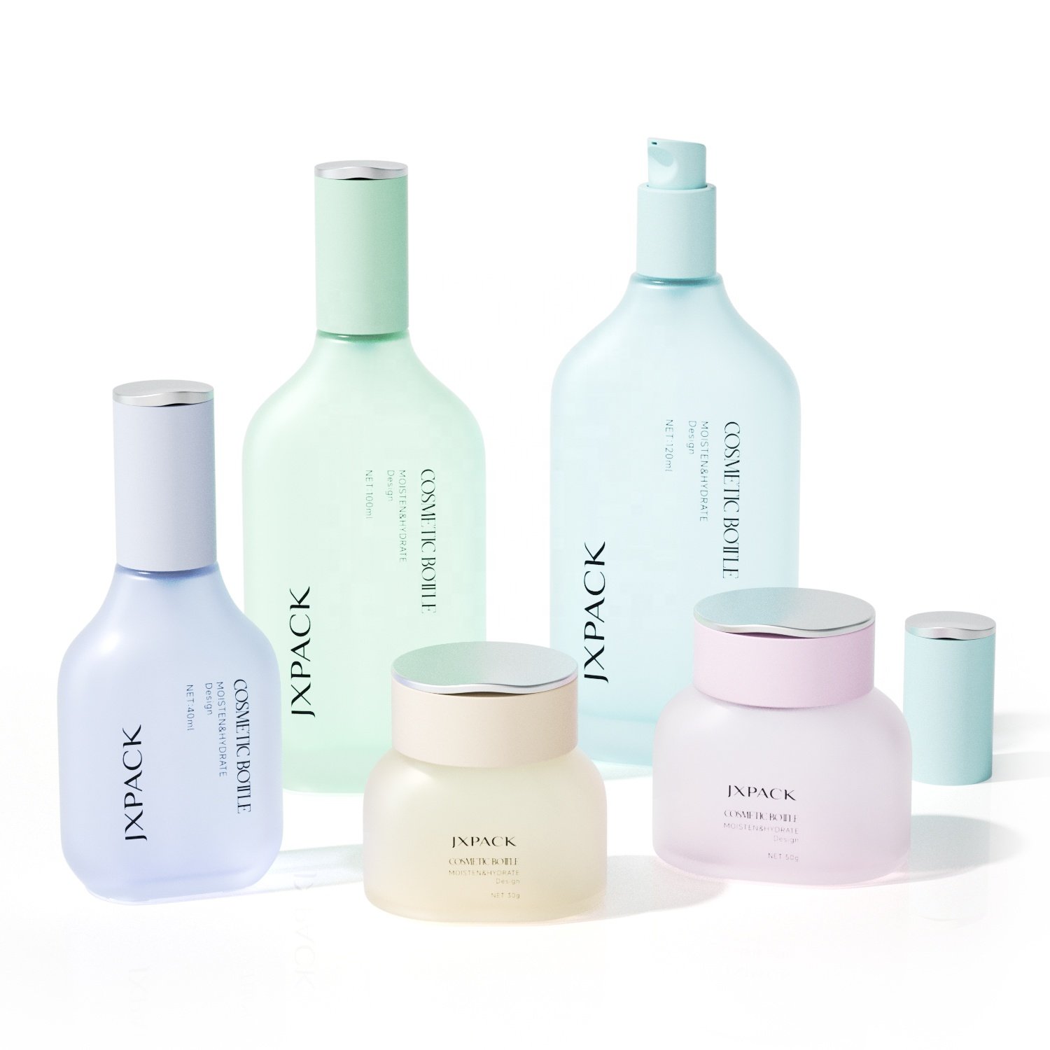 Luxury wine shape cosmetic glass bottle 40ml 100ml 120ml green glass lotion pump bottle and 30g 50g cream glass jars