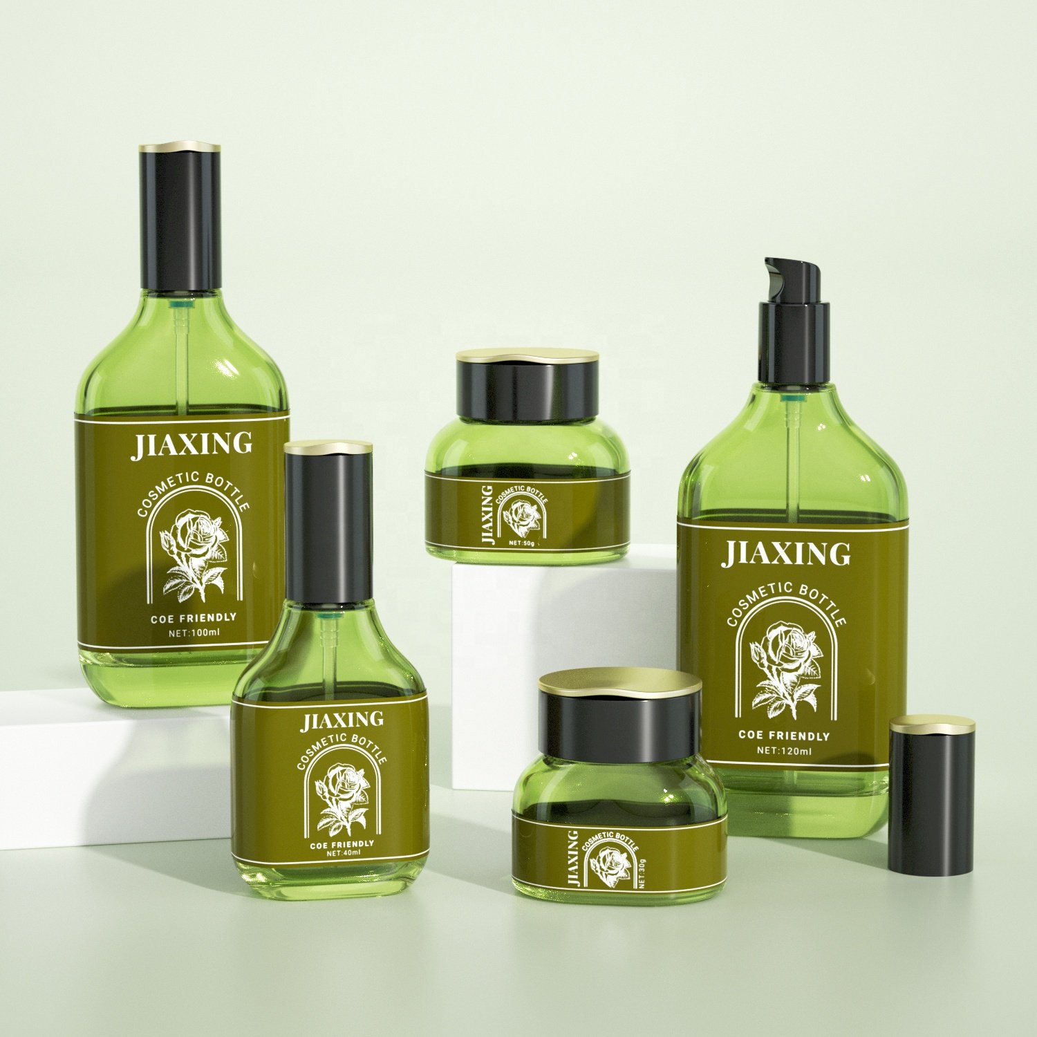 Luxury wine shape cosmetic glass bottle 40ml 100ml 120ml green glass lotion pump bottle and 30g 50g cream glass jars