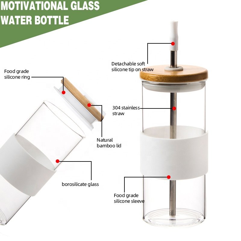 2023 new design 24OZ 700ml glass tumbler juice glass cup with bamboo lid and straw